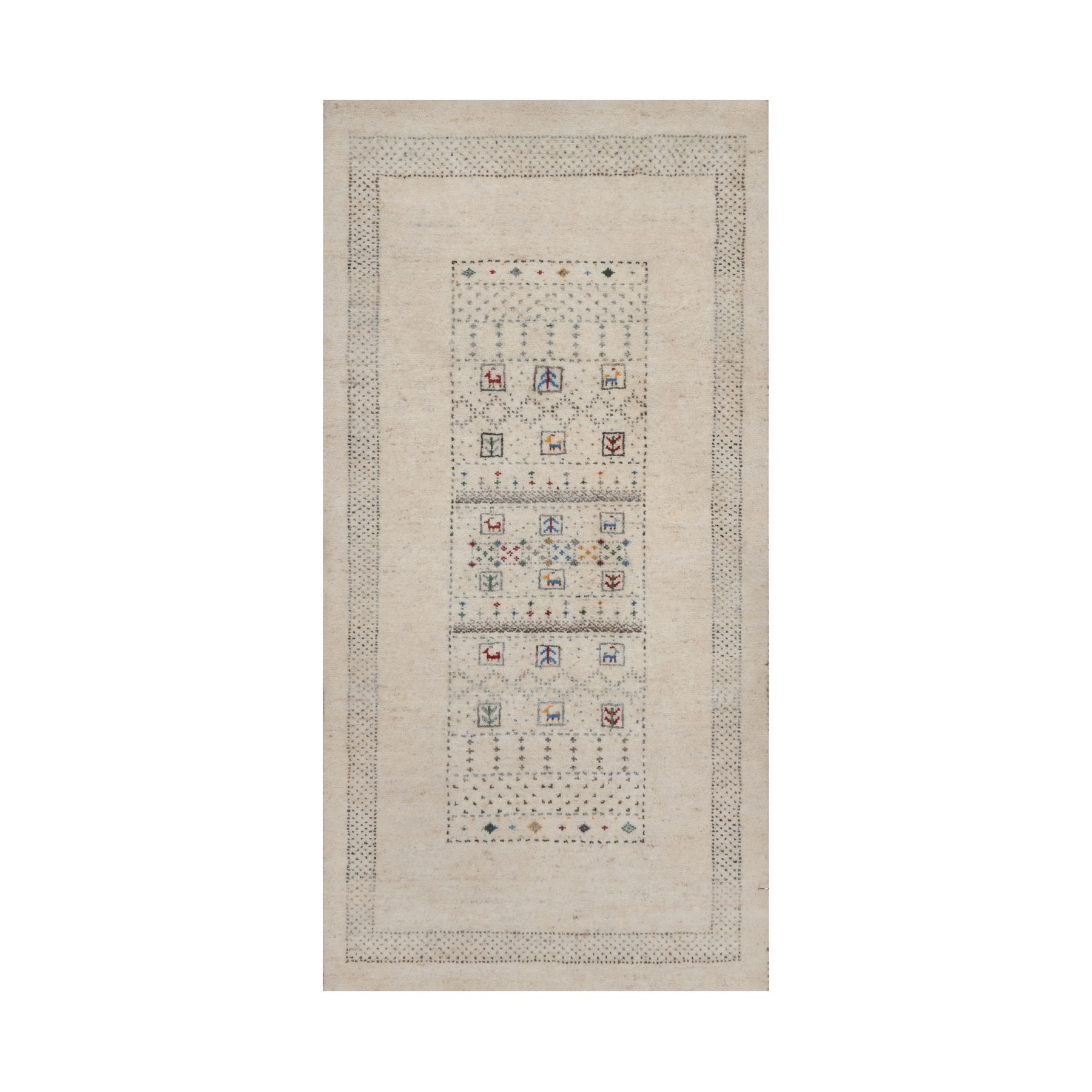 Pristine White, Lori Buft Gabbeh with Small Animal Figurines, Thick and Plush, Modern, Pure Wool, Hand Knotted, Short Runner, Oriental Rug
